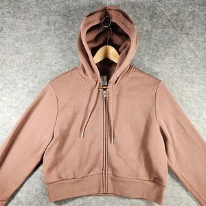 Abound Womens Cropped Zip Up Hoodie Brown Fleece Sweatshirt L Activewear Y2K